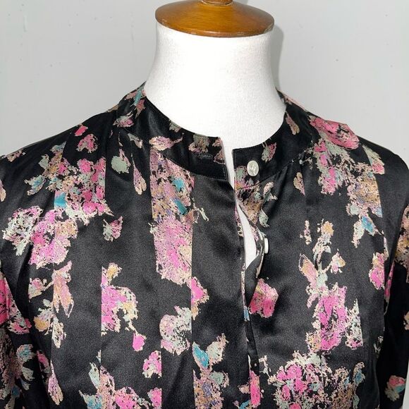 Vintage Black 100% silk pleated tailored floral button down blouse top medium 6 - Picture 4 of 12